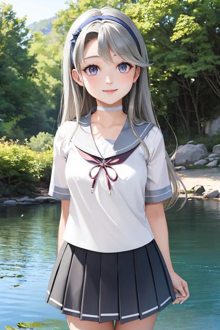 00107-2930052081-(masterpiece, best quality_1.2), cowboy shot, solo, 1girl, sagiri, smile, looking at viewer, arms behind back, wading, hairband,.jpg